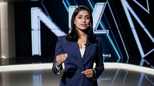 A woman in a blue suit presents news in a modern studio. The video is shot from a straight-on angle, highlighting the sleek, futuristic set design.