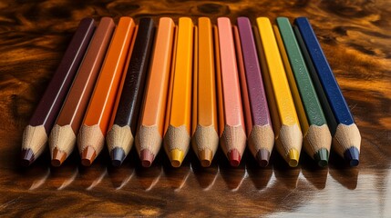 A vibrant array of colored pencils arranged on a polished wooden surface creates visual harmony