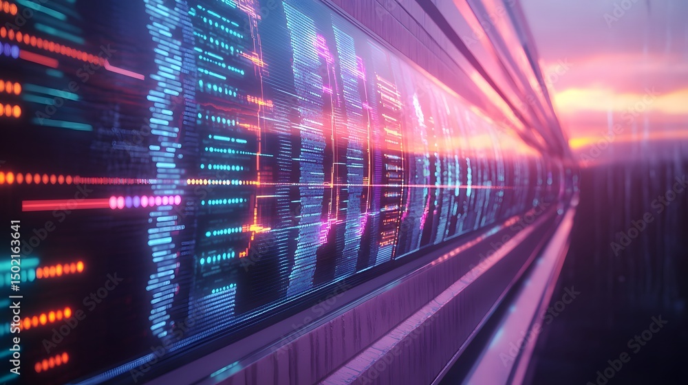 Poster abstract display with vibrant, digital data streams.