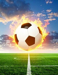 Soccer ball on fire. Flying soccer ball over soccer field. Football. 