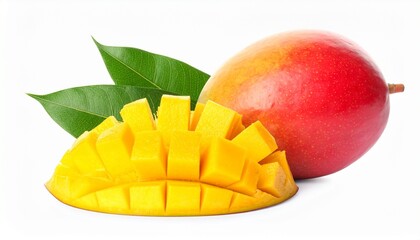 Mango on white background. Half mango. Mango with leaf.
