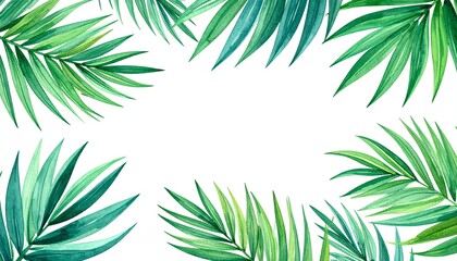 Palm leaves frame. Watercolor palm leaves. Watercolor tropical leaves. Summer background with palm leaves.