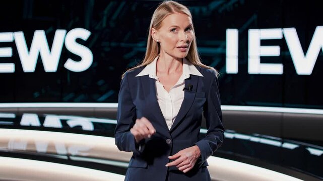 A professional news anchor stands confidently in a studio, captured from a medium camera angle, with bright video screens in the background.