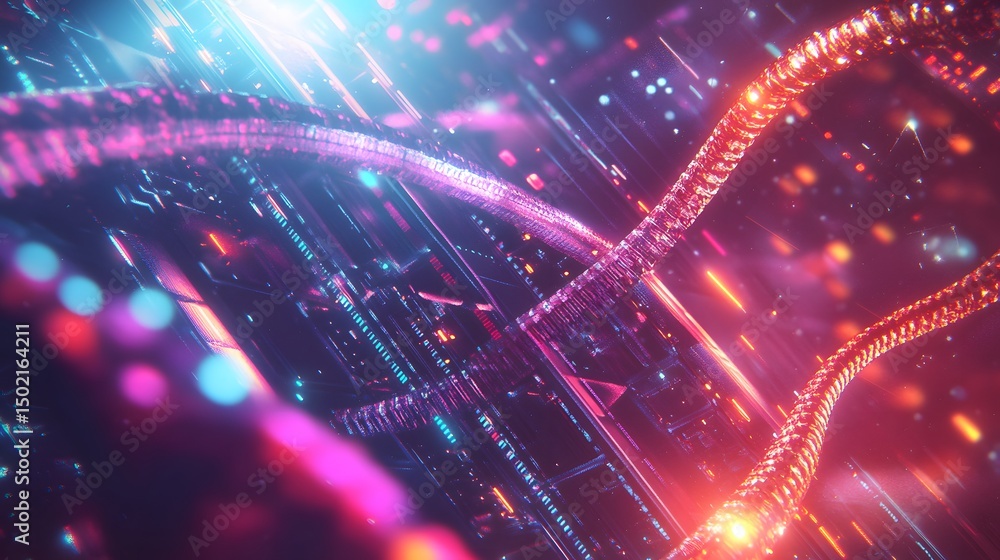 Poster intricate digital network design with glowing lines and vibrant colors.