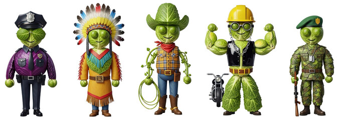 3D Cabbage Characters in Humorous Costume Lineup: Anthropomorphic vegetable figures dressed as lifestyle icons including cowboy, soldier, construction worker. Transparent PNG, vertical, format.