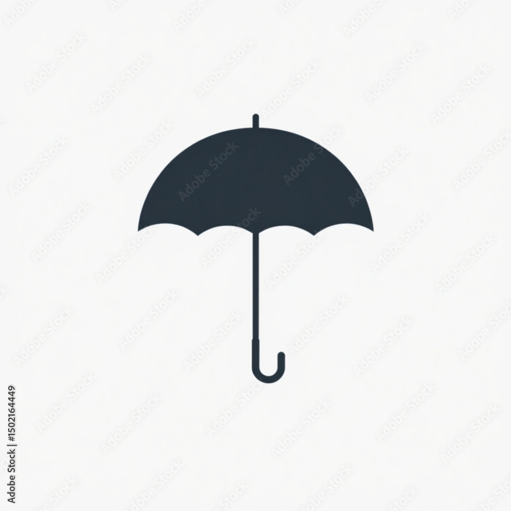 Poster illustration of a dark colored umbrella centered on a white background with simple curved lines and 