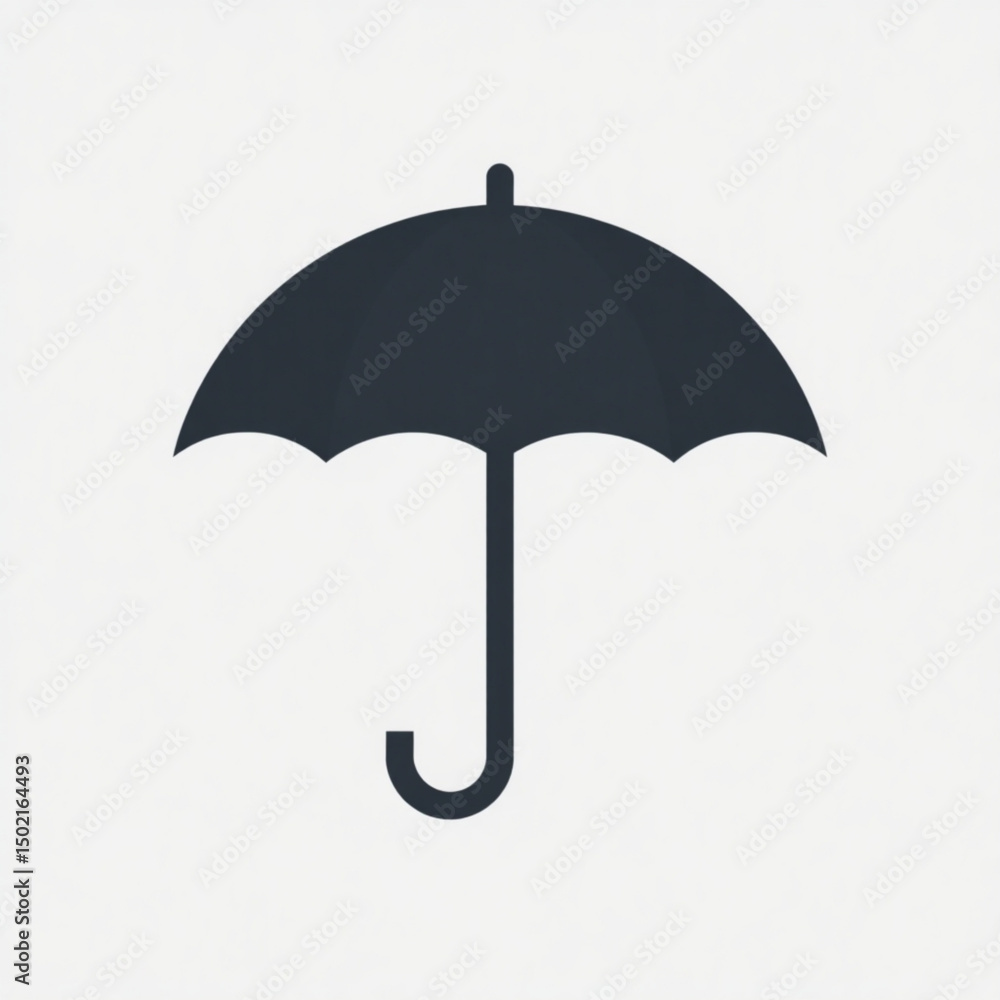 Poster illustration of a simple dark umbrella with a curved handle on a plain white background design style