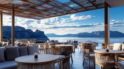 Fototapeta premium Elegant outdoor restaurant with scenic mountain and sea views creating a luxurious dining experience