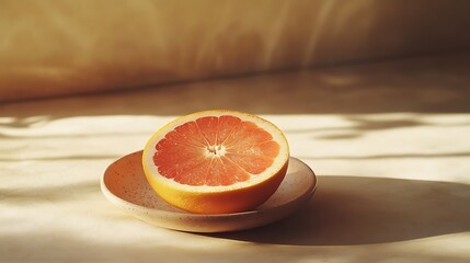 Half of a Grapefruit on a Plate with Sunlight