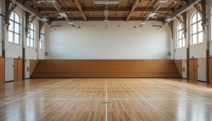 Spacious gymnasium featuring hardwood floor, basketball hoop, and empty wooden bench centered.