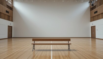 A minimalist wooden bench sits in the center of an empty gymnasium with bright natural light.