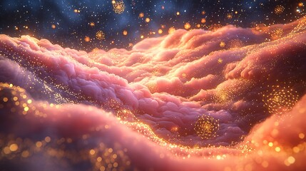 A Futuristic Installation Made of Pink Smoke Frozen In Time Surrounded By Golden Fractals and Blooming Digital Particles an Alien Museum Floor