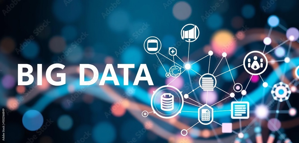 Poster abstract banner showcasing big data concepts via interconnected icons representing storage, research