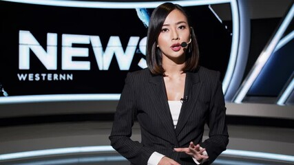 News anchor in a studio, front-facing camera angle. Professional attire, microphone headset. Video concept of live news broadcast.