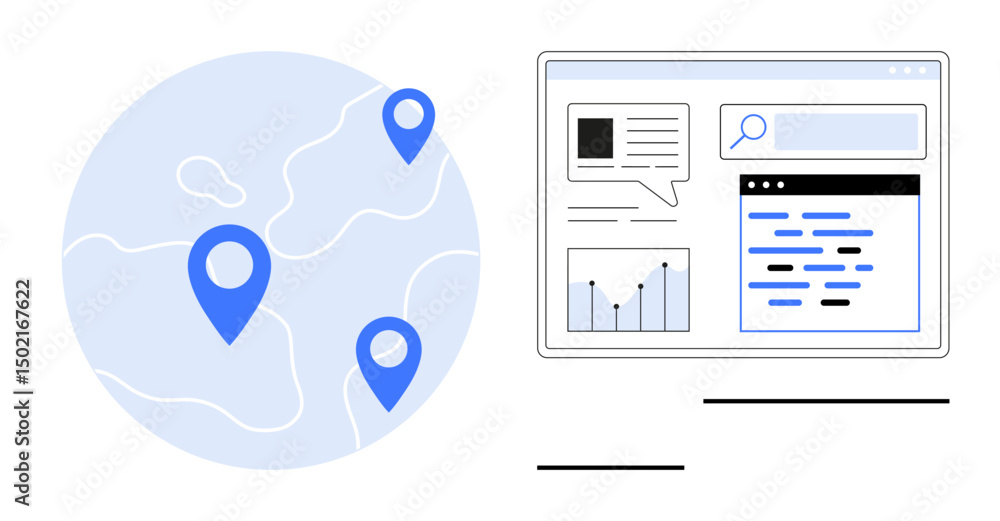 Poster globe with location markers connected by thin paths beside a web dashboard featuring charts, analyti