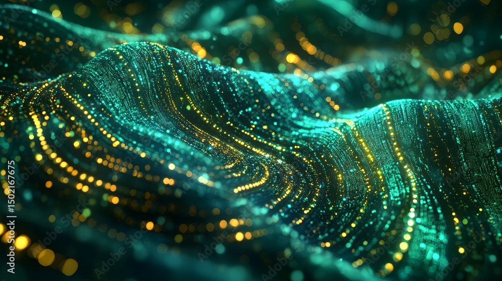 Poster abstract design with teal and gold patterns.