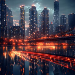 Obraz premium City lights reflecting on a tranquil river at twilight.