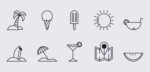 Icon Travel holiday at Beach Set Vector Line Art