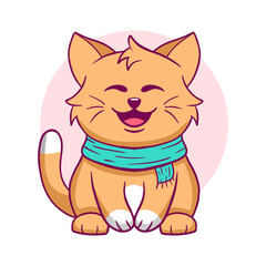 Cartoon cat is sitting on a pink background with a blue scarf around its neck. The cat is smiling and he is happy