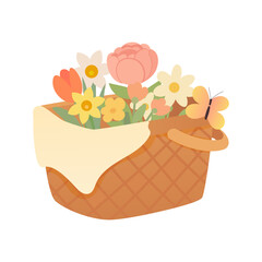 Vector Illustration of Picnic Basket with Colorful Spring Flowers, Cloth and Butterfly on White Background