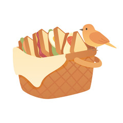 Vector Illustration of Picnic Basket with Sandwiches, Bird and Cloth on White Background