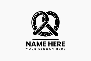 Stylized black and white illustration of a classic pretzel with salt details, suitable for a logo. Food concept