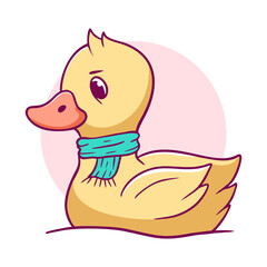 Cartoon duck wearing a scarf. The duck is looking at the camera with a frown. The scarf is blue and is wrapped around the duck's neck
