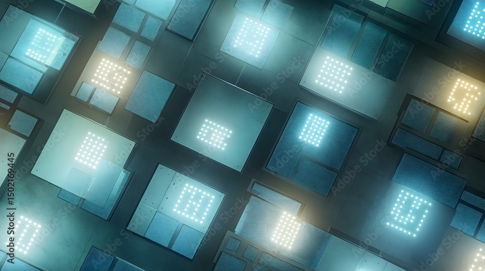 Poster illuminated circuit board with numerous squares.