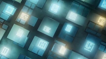 Illuminated circuit board with numerous squares.