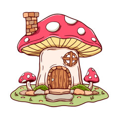 Cartoon drawing of a mushroom house with a door and a window. The house has a chimney