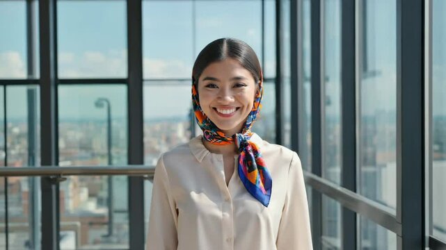 A smiling person wearing a patterned scarf and standing in front of windows with a city view. The person exudes confidence and friendliness
