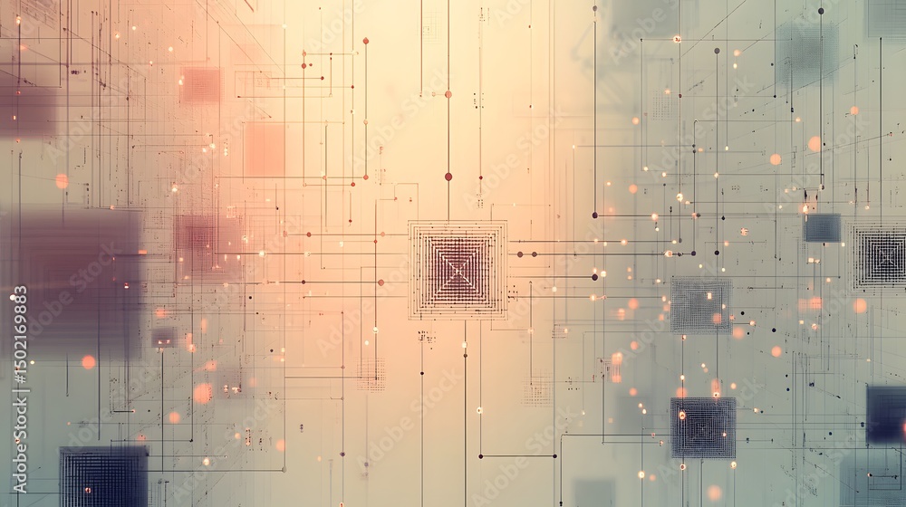Poster abstract network design with interconnected squares and lines.
