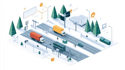 Flat vector of connected highway system with IoT based traffic lights accident alerts and vehicle tracking