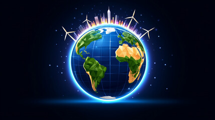 Fototapeta premium Illustration of earth globe with wind turbines and city skyline, representing renewable energy and sustainable urban development