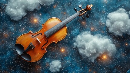 Fototapeta premium A Lone Violin Plays Above the Clouds Where Every Note Forms New Stars In a Universe of Bloom Dust and Textured Swirl