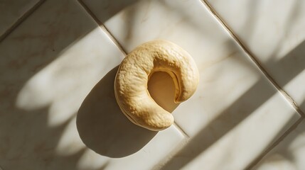 Single Cashew Nut on a Tiled Surface with Shadow