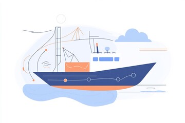 Flat vector of IoT marine transportation with cargo sensors route optimization and fuel monitoring systems