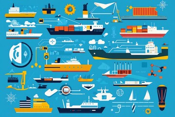Flat vector of IoT marine transportation with cargo sensors route optimization and fuel monitoring systems
