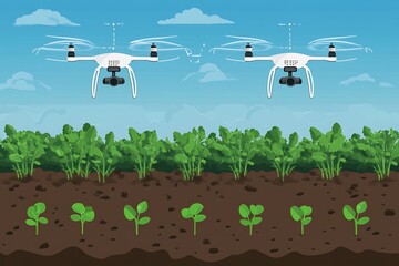 Flat vector of IoT powered agriculture automated irrigation soil sensors and drone monitoring systems