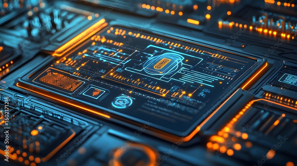Poster close-up of a futuristic circuit board with glowing digital interface.