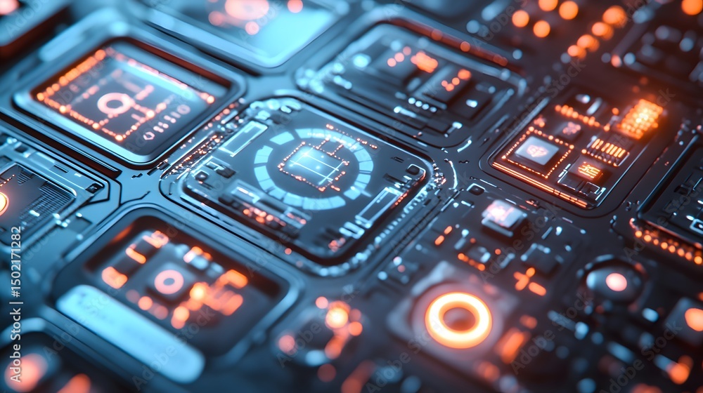 Poster close-up view of a complex technological circuit board.