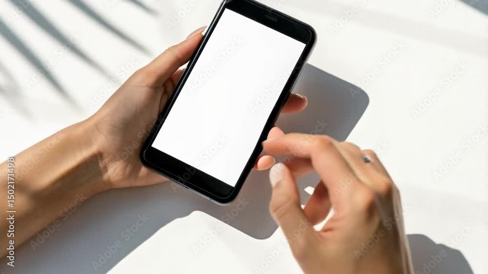 Poster Hands holding a black smartphone with a blank white screen on a white surface with leaf shadows