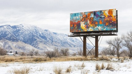 Vibrant billboard art in a snowy landscape with mountains, blending creativity with nature's serene winter backdrop