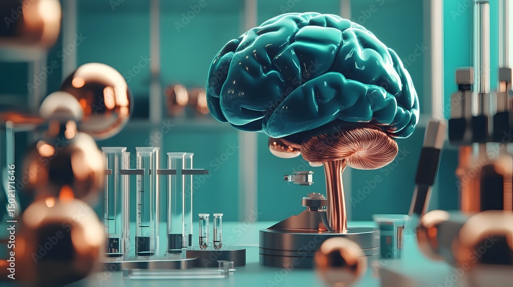 Poster teal brain model displayed in a laboratory setting.