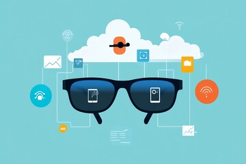 Flat vector of wearable tech ecosystem IoT based glasses rings and clothing syncing to the cloud