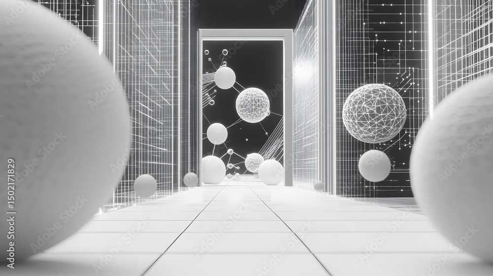 Poster abstract, futuristic pathway with glowing spheres and network patterns.