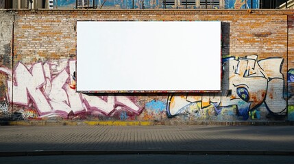 Urban Billboard on Graffiti Brick Wall, Empty White Sign Advertisement