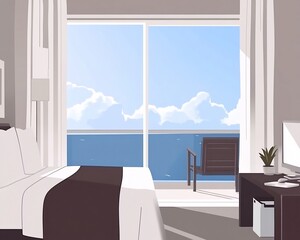Flat vector scene of smart hotel room featuring IoT controlled lighting voice assistants and automated service requests