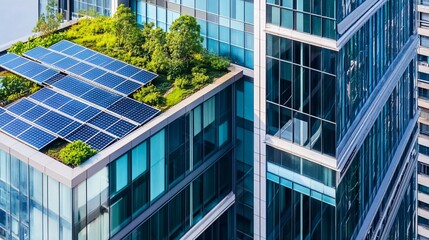 Modern building integrating sustainable features like solar panels and green roofs