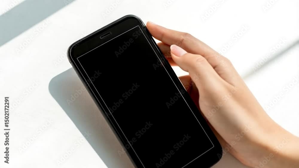 Poster A woman's hands using a black smartphone with a blank screen on a white surface with light and shadows